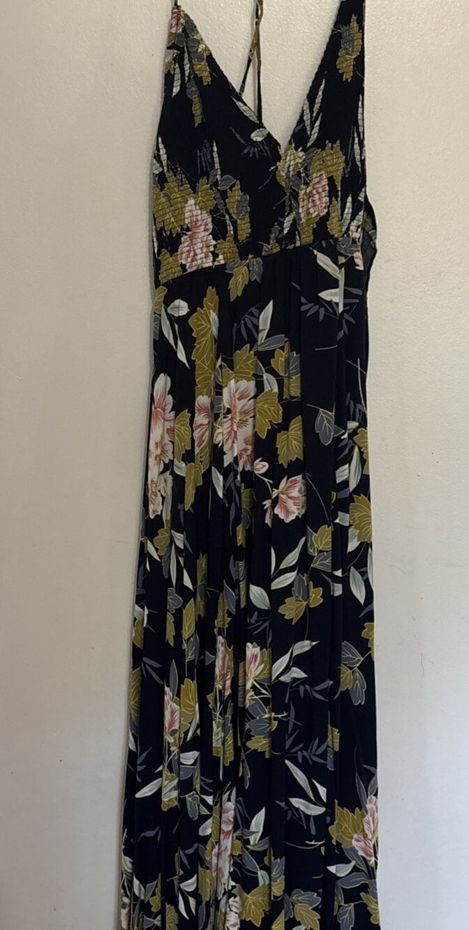 Aakaa Womens Size L Dark Blue Pink Beige Floral Maxi V-Neck Dress SpaghettiStrap